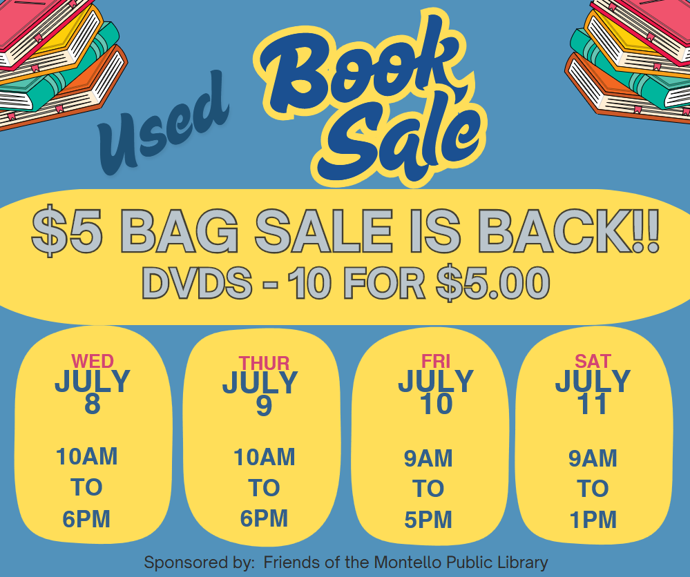 Photo showing details of the Friends of the Montello Public Library's used book sale to be held July 8 through 11 during open library hours.